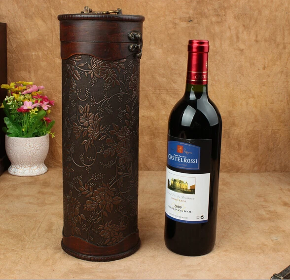 

Vintage archaistic Single Red Wine Box Portable round Wood Wine Box Retro Gift Wine Storage Box Bottle Packag Wth Handle