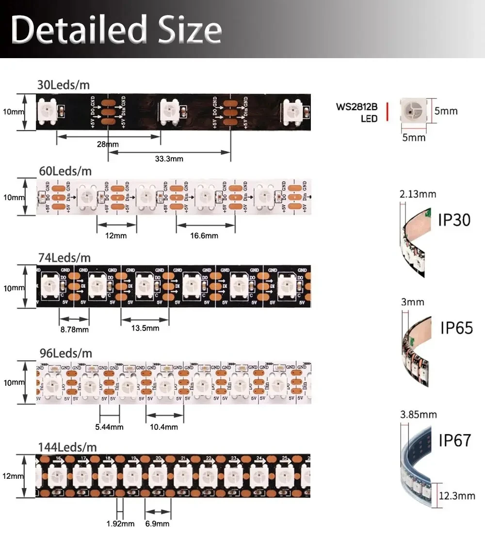 Фото Светодиодная лента WS2812B и комплект USB-пультов дистанционного управления с 14 кнопками, индивидуально адресуемая интеллектуальная RGB-лента с 30/60/74/96/144 светодиодами на метр, 5 В постоянного тока. №2