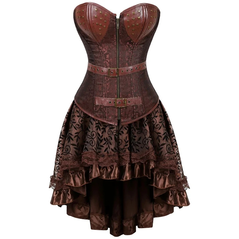 Gothic Corset Steampunk Skirt Vintage Dress Brown Leather Corset Bustier Top with Asymmetrical Skirt Set Halloween Size Corsets