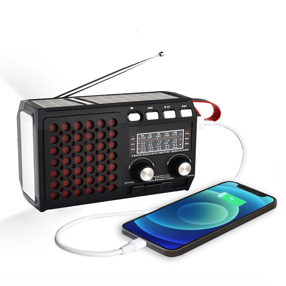 

Portable Emergency Radio AM/FM/SW1~4 with Bluetooth Speaker Solar Hand Crank TF Card USB disk MP3 Player 4-in-1 Battery Operated