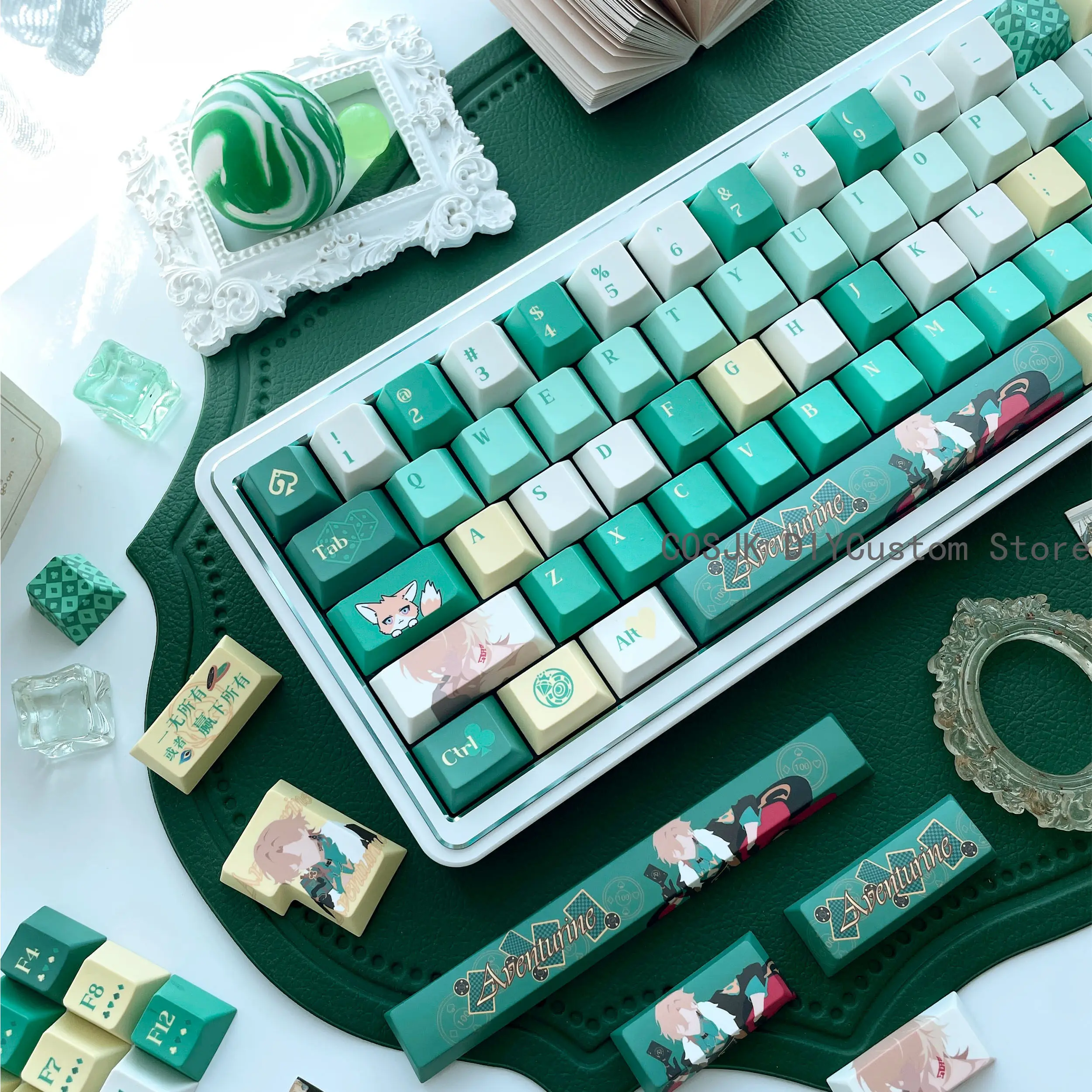 Фото Механические кейкапы PBT для игры Honkai: Star Rail Aventurine, полупрозрачные, 140 клавиш, аксессуары для компьютера, подарок для косплея №1