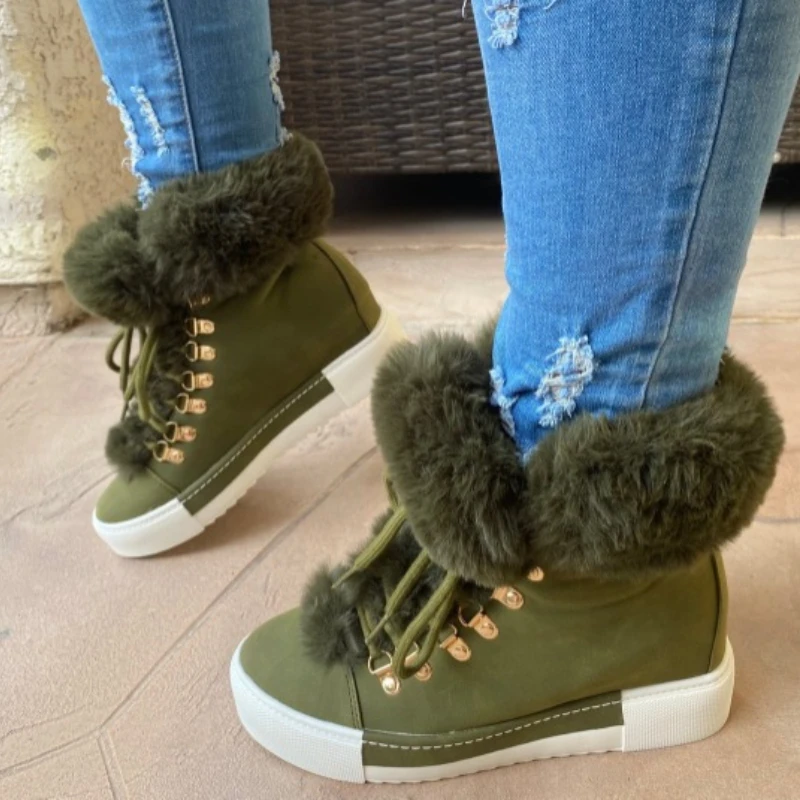 Winter Short Tube Lace, Long Fur Mouth Leather Surface Pile Thickened Warm Snow Boots Women