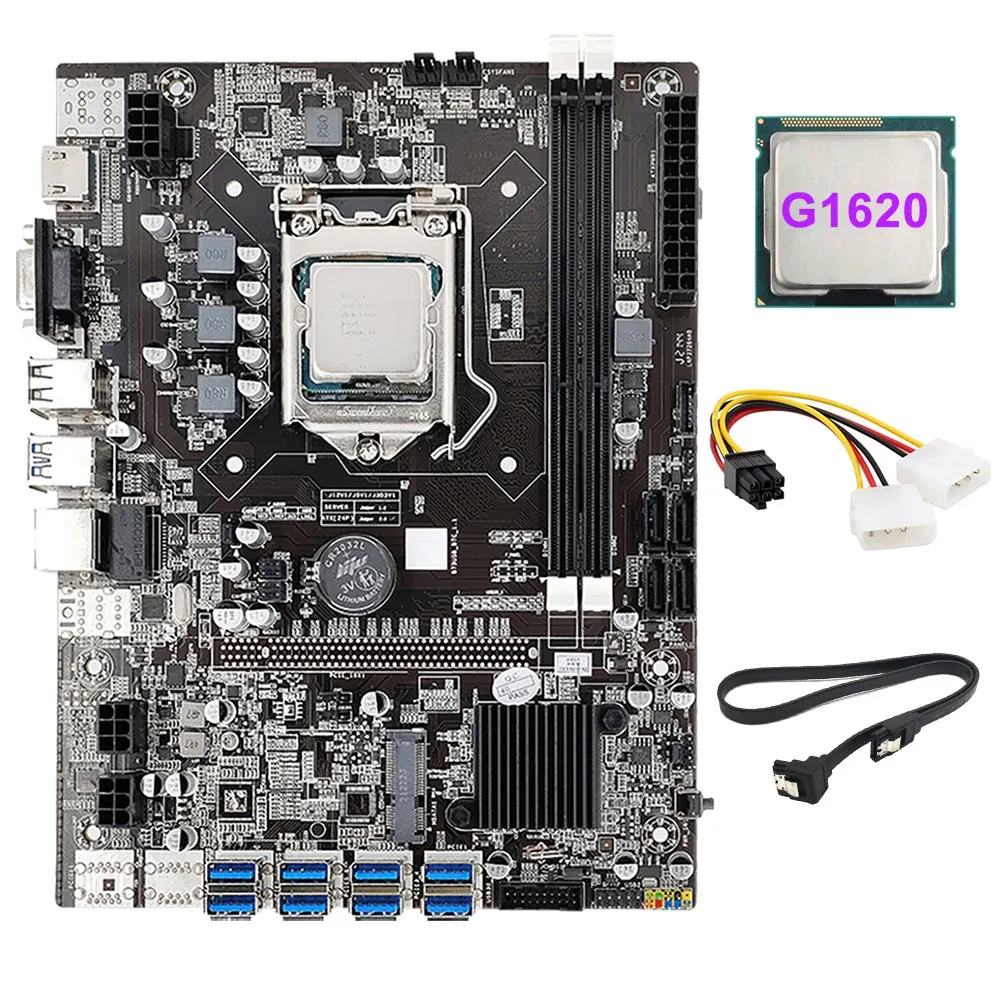 B75 8 Card BTC Mining Motherboard+G1620 CPU+4PIN to 6PIN Power Cable+SATA Cable 8 USB3.0(PCIE) LGA1155 DDR3 RAM SATA3.0