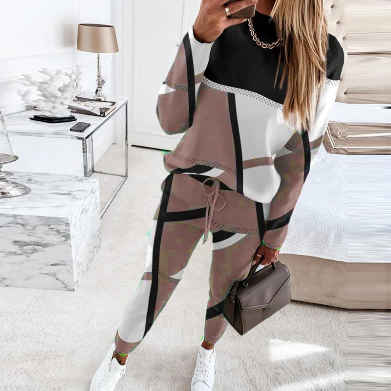 

Casual O-neck Long Sleeve Pullover Tie-up Long Pant Outfits Women Fashion Colour Blocking 2Pc Suit Casual Loose Tracksuits