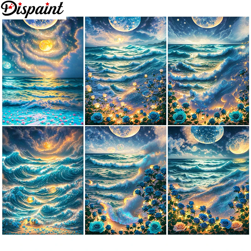 

Алмазная 5D картина Dispaint «сделай сам», «Луна, цветок, морская волна», полноразмерная вышивка из смолы, вышивка крестиком, домашний декор