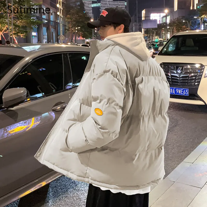 Winter Coat Casual Stand False Two Piece Cotton Padded Clothes Loose Hooded Pockets Zipper  Coat Men Winter