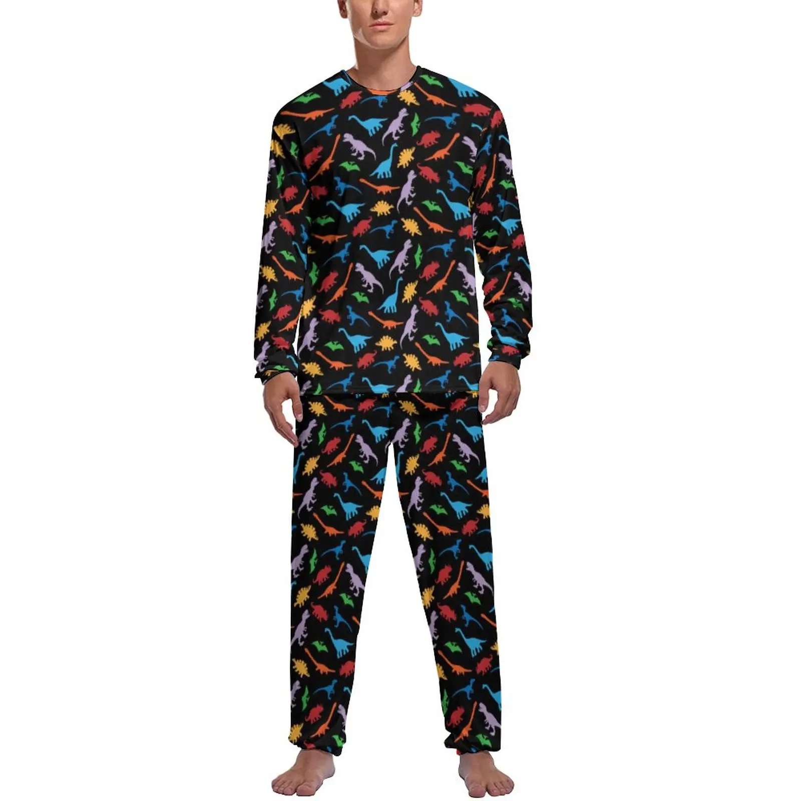 Colorful Dinosaur Pajamas Autumn Cute Animal Print Night Sleepwear Men Two Piece Graphic Long Sleeve Romantic Pajama Sets