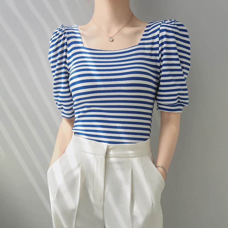 

Women Fashion Blue Striped Slim Summer Tops New Elegant Square Collar Puff Sleeve T-shirts Female Casual Elastic Cotton Tees Pop