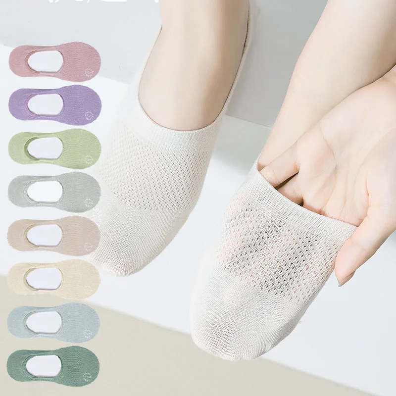 

Women Pure Cotton Socks Invisible Boat Mesh Summer Mujer Silicone Non-slip Ankle Low Cut Female Show Breathable Thin Sock