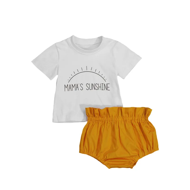 

2 Pcs Newborn Summer Outfits Toddler Letter Print Short Sleeve Round Neck T-shirt + Ruffle Solid Color Shorts