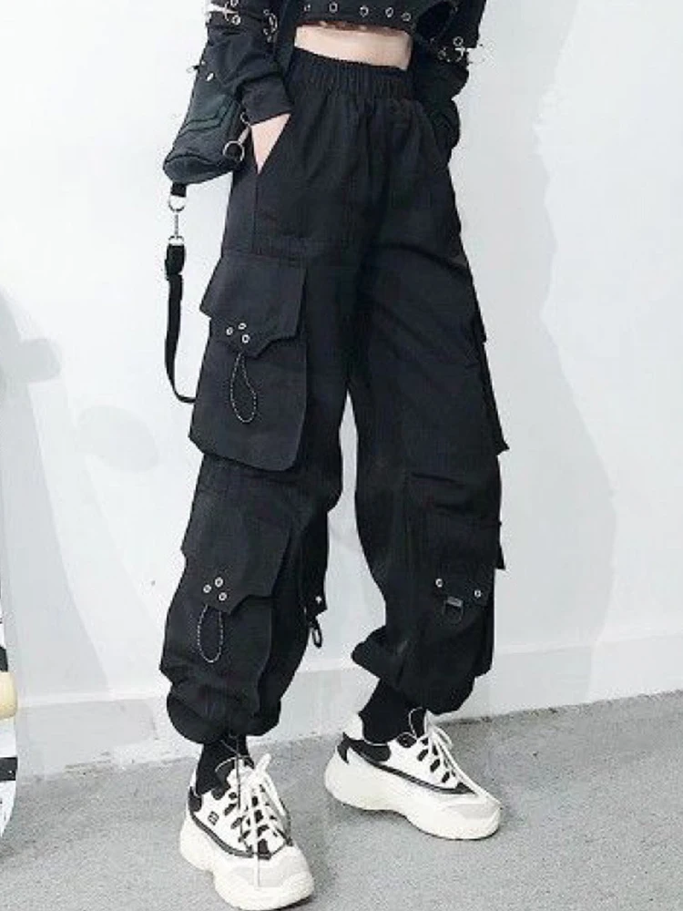 

Kalevest Y2K High Street Cargo Pants Black Kpop Women Pants Steampunk Zip-up Jeans CHAIN Korean Style Lace Up Jeans for Female