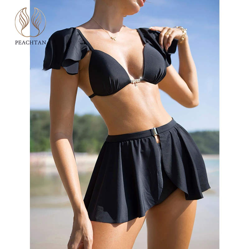 

Peachtan Solid bikini set Ruffle swimsuit 2022 new 3 piece bathing suit swimwear conjunto biquinis feminino trajes de baño mujer