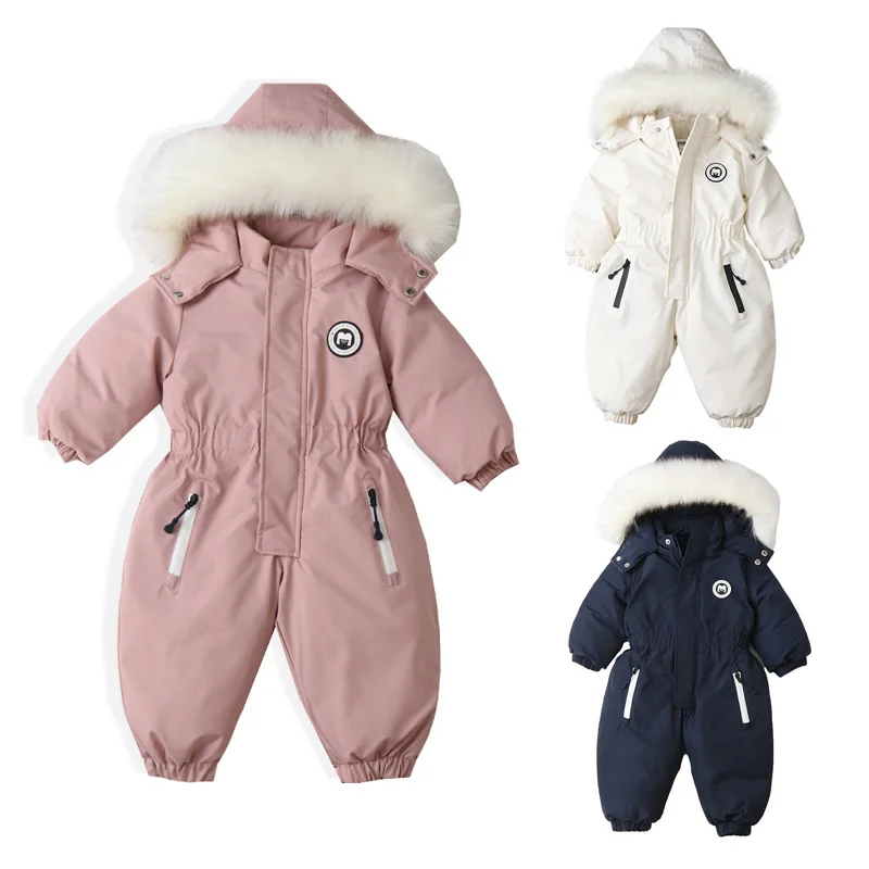 

Зимний теплый комбинезон с капюшоном для маленьких девочек и мальчиков, меховой воротник, лыжные комбинезоны, детские комбинезоны с флисовой подкладкой, костюм женский