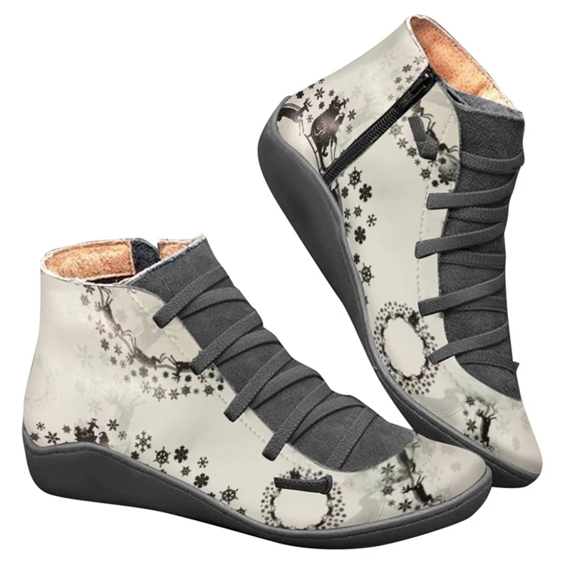 2023 Retro Women Christmas Printing Comfortable Flat Zipper Short Booties Round Toe Shoes Fashionable Design High Quality Boots