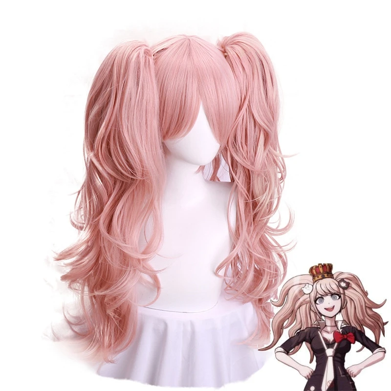 

Anime Enoshima Junko Kawaii Cute Girls Cosplay Wig Pink Long Wavy and Horsetail Clip Heat-resistant Cosplay Wigs Headdress