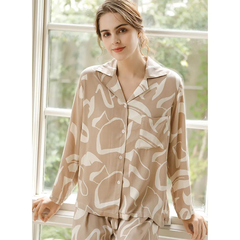 Fashion Light Brown Color Printed Cotton Pijamas for Ladies Long-Sleeved Trousers Homewear Sleeping Pajamas Suit Pjamas