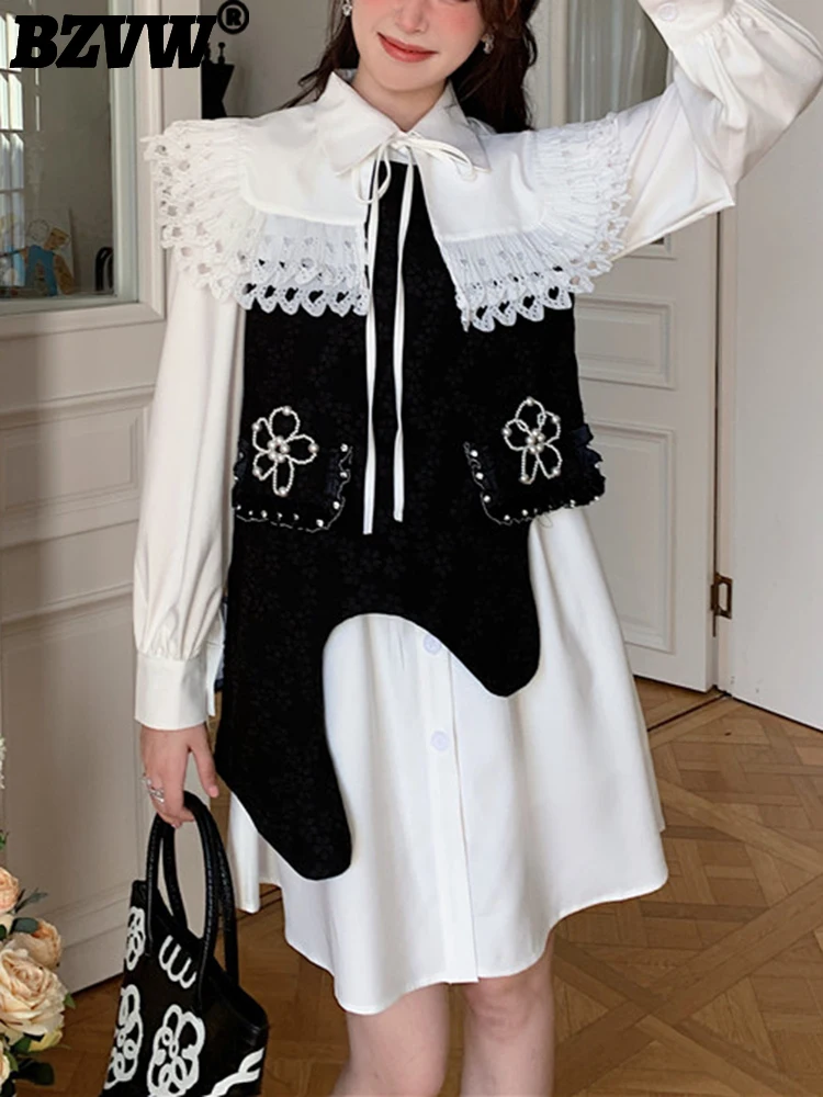 

BZVW French Hollow Out Lace Peter Pan Collar Long Sleeve Dresses For Women Elegant Sweet Female Dress 2023 New Trend 25X0250