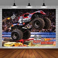 Monster Truck Racing Speed Checkered Grave Digger Cars Photography Backdrop Baby Kid Boys Happy Birthday Photo Background Decor