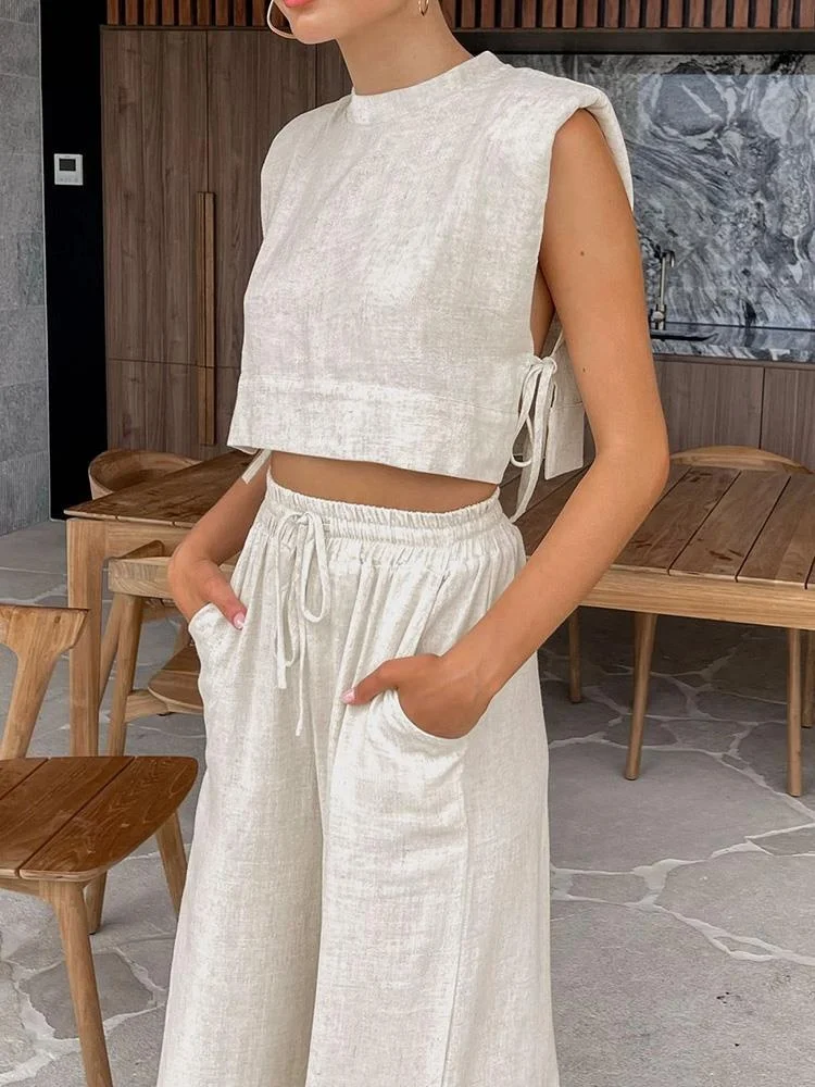 

2023 Summer New Women Leisure Vacation Linen Pants Set Sleeveless Round Neck Top Solid Color 2-Piece Women's Fashion Street Suit