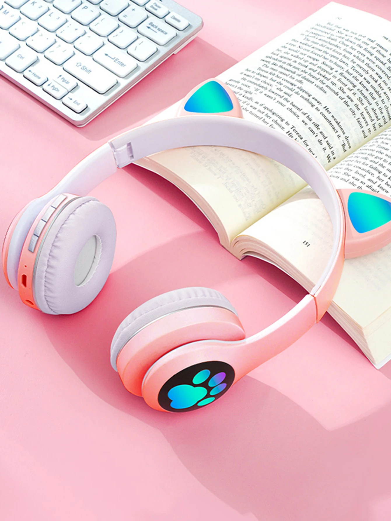 

Rechargeable cat ears wireless bluetooth 5.0 headset long battery stereo light-emitting game earbuds microphone for mobile phone