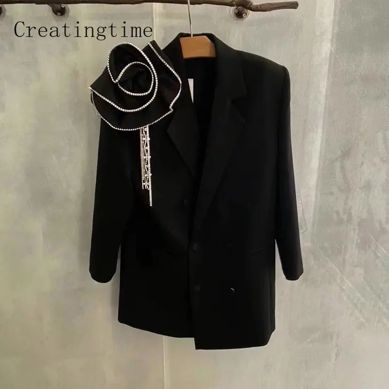 

2023 Spring Autumn New Diamonds Chain Tassels Three-dimensional Rose Flower Blazer Designer Fashion Black Jacket Female 1B393