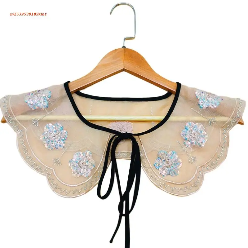 

Women Emboridery Floral Beads Shawl Detachable Collar Sheer Half Shirt Lace-Up Bowknot Scarf Capelet Clothing Accessorie