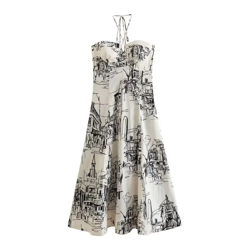 

European and American style hanging neck printing waist layered hanging neck dress long skirt