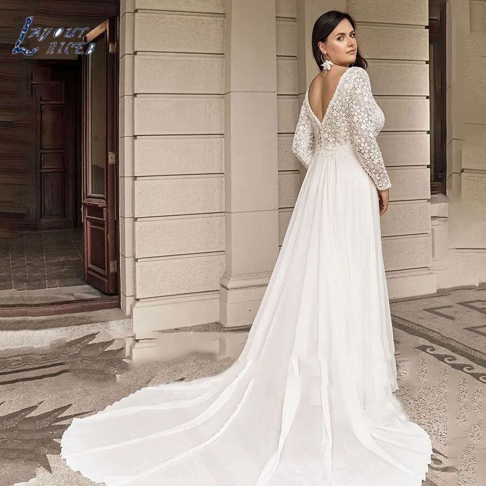 

LAYOUT NICEB Classic V-Neck Wedding Dress 2024 Elegant Full Sleeves Zipper Bride Gowns Lace Applique Chiffon Vestidos De Novia