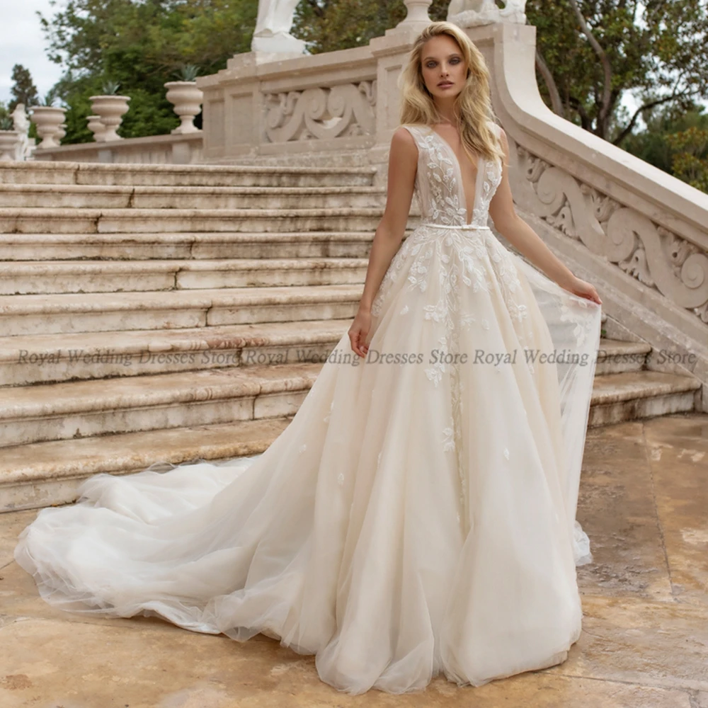 

Elegant A Line Wedding Dresses Draped Sashes Handmade Flower Tulle Open Beck Print 2022 Summer Floor Length Gowns Robe De Ma