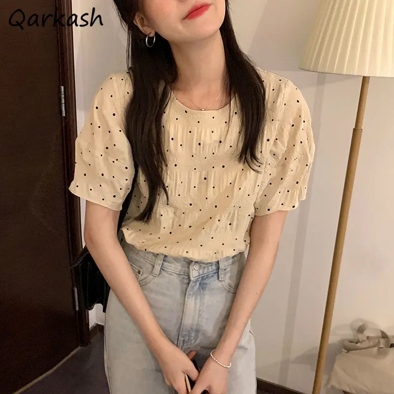 

Блузка женская в горошек, стильная элегантная простая Студенческая блузка в стиле ретро, с пышными рукавами, с круглым вырезом, в Корейском стиле, для колледжа, на лето