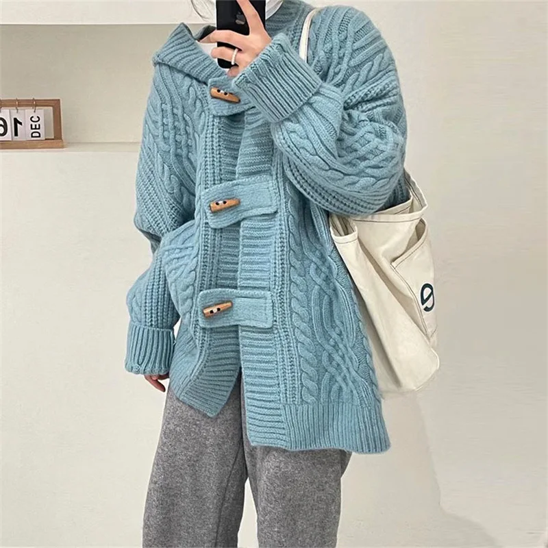 

2022 large thickened sweater women's coat autumn and winter loose and lazy style ox horn button hooded knitted cardigan
