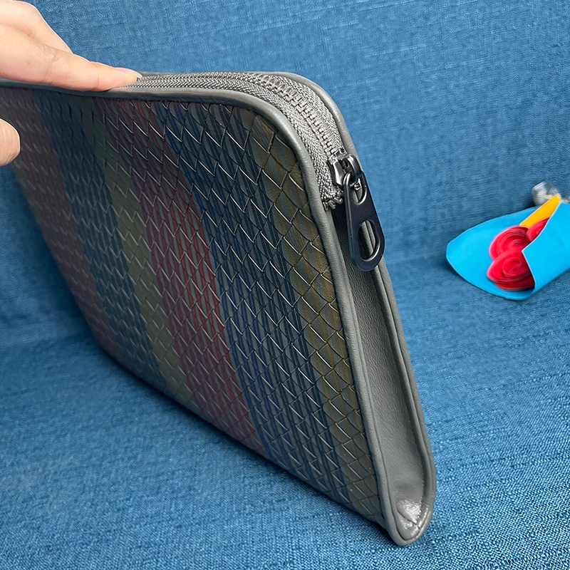 Young Men's Authentic Leather Sheepskin Woven Zipper Handbag Stylish and Portable Large Capacity Business Envelope Clip A4 Paper