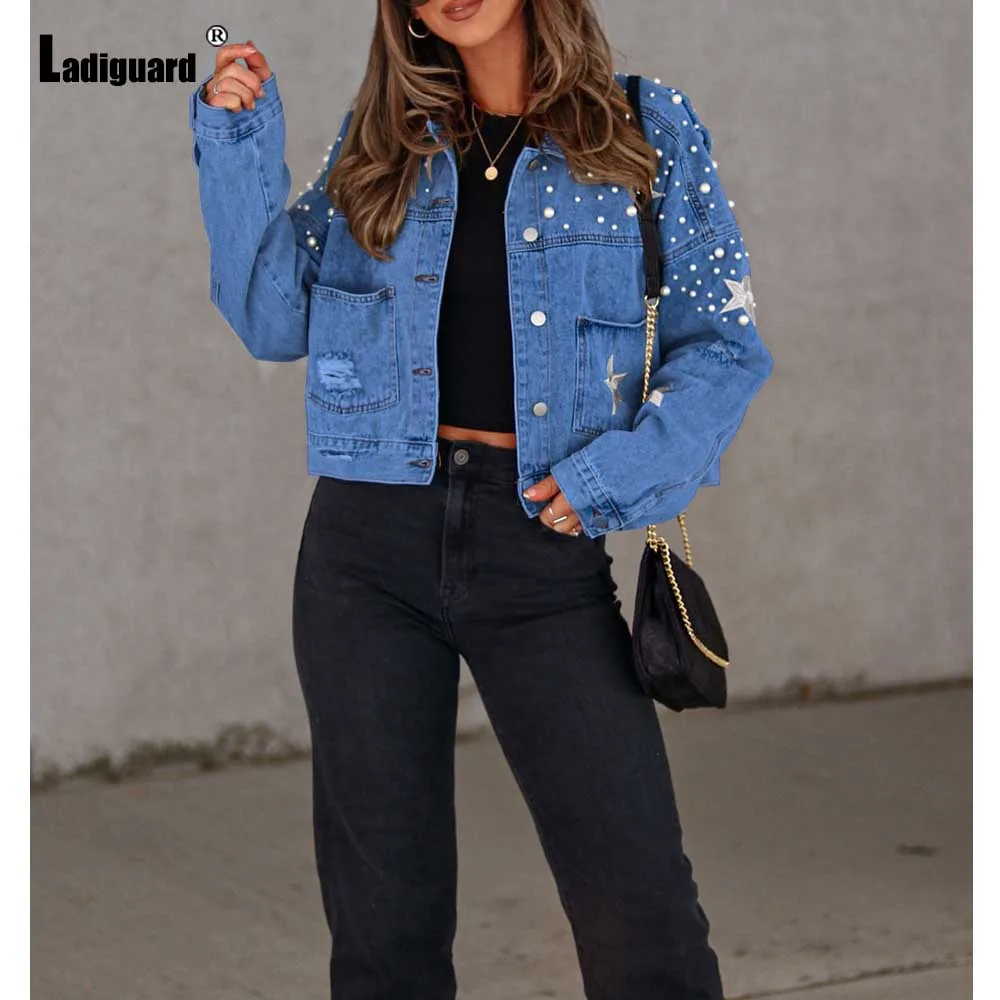 

Ladiguard Sexy Ripped Jean Jackets Women Pearl Beading Star Print Demin Jacket Vaqueros Mujer 2023 Single Breasted Top Outerwear