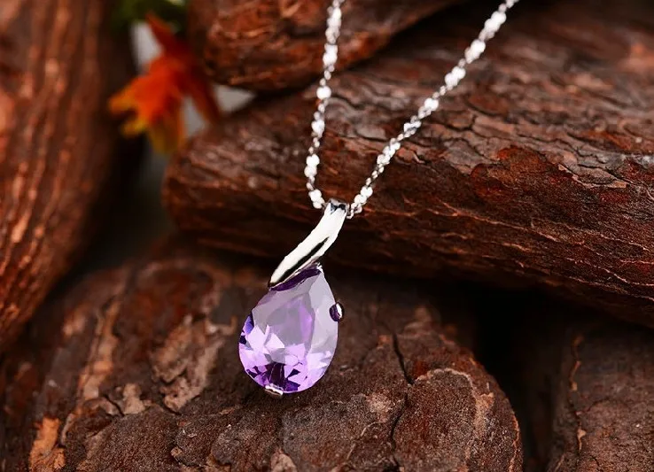 

925 Sterling Silver Woman Fashion Jewelry Amethyst water drops Necklace Crystal Zircon High Quality popular Necklace Length 45CM