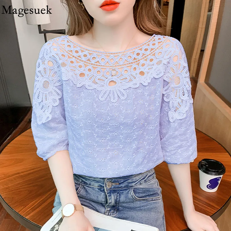 

Элегантная блузка с круглым вырезом и коротким рукавом, ажурные повседневные свободные милые топы, летняя кружевная женская блузка, шифоно...