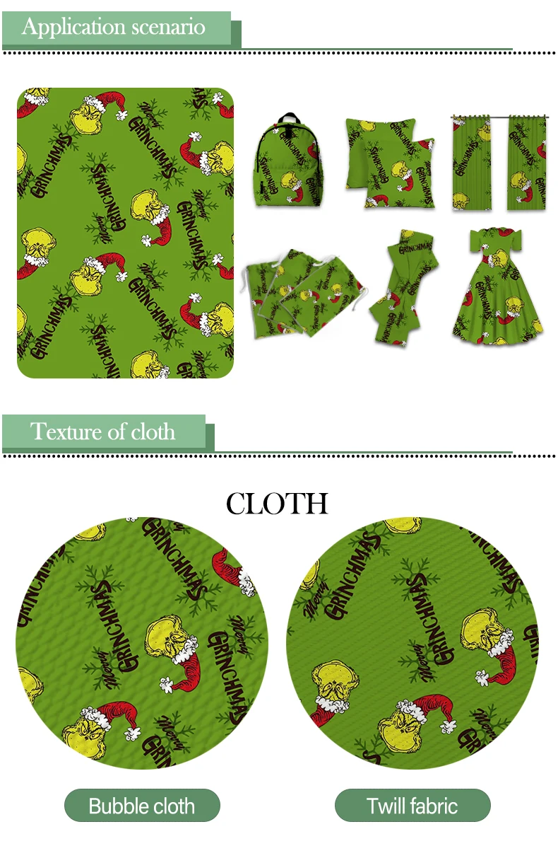 Cotton Christmas Grinch Printed Polyester Twill Fabric Patchwor Printed 50*145CM