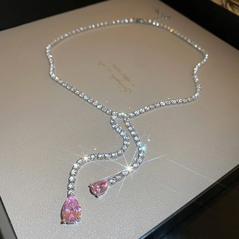 

Luxury Pink Crystal Choker Necklaces for Women Long Tassel Rhinestones Necklaces Statement Wedding Jewelry Accessories