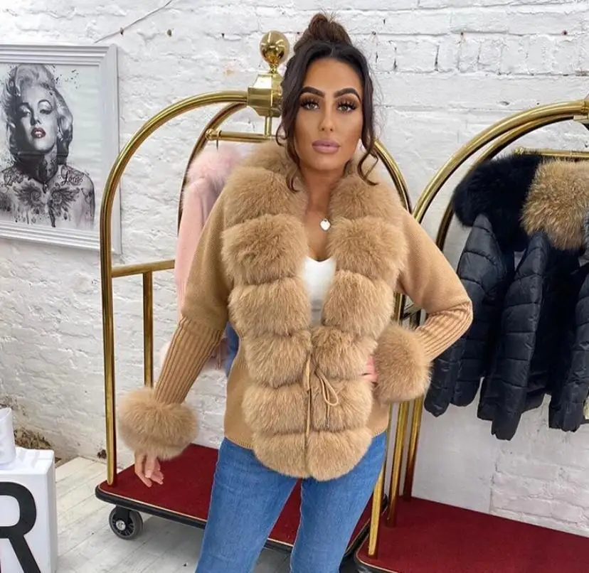 Women Cardigans Sweater Natural Fox Fur Lady Knitwears Knitted Crop Real fox Fur Ladies Winter Cashmere Warmer Jacket S7950