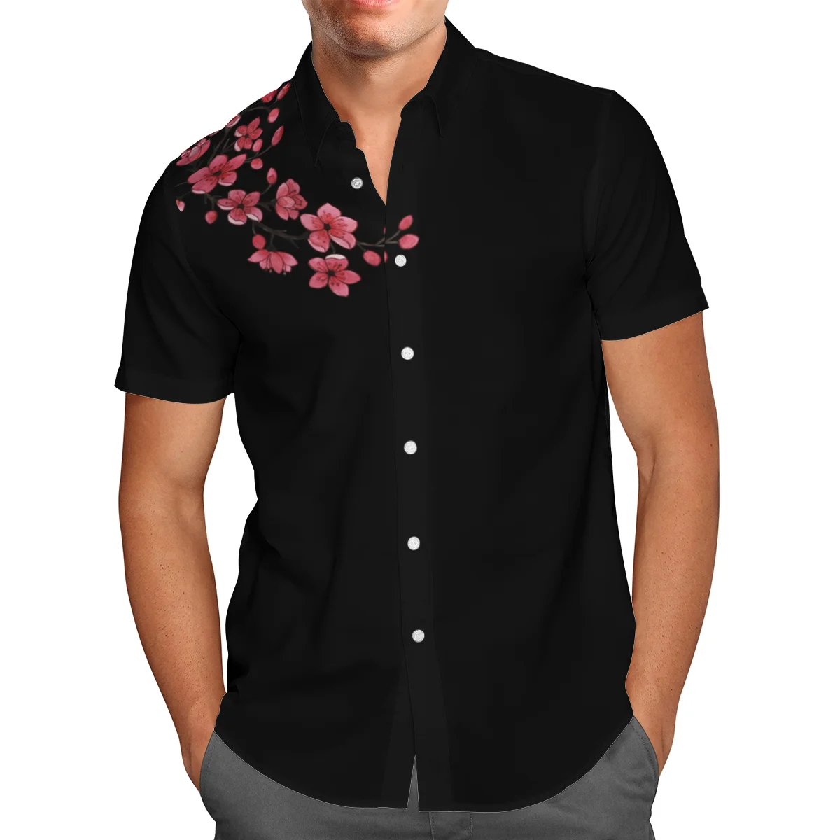 Black plum blossom pattern men's shirt Hawaiian Beach Vacation Short Sleeve lapel Breathable shirt solid color slim shirt men's