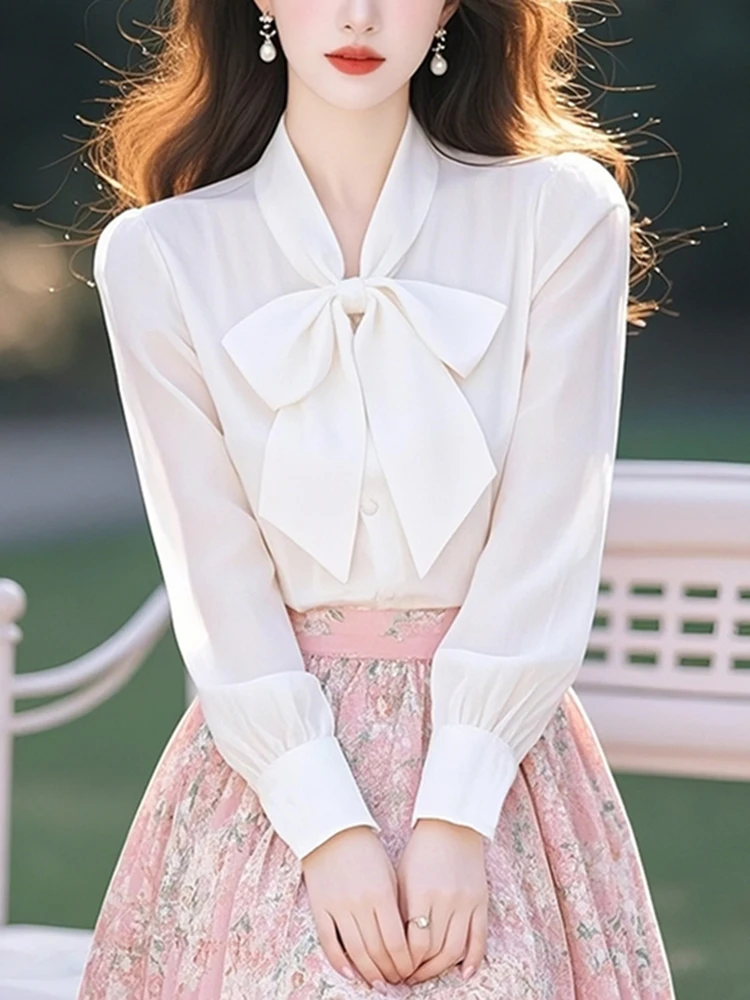 Корейская серия шифоновые рубашки с длинными рукавами и бантом женские весенние