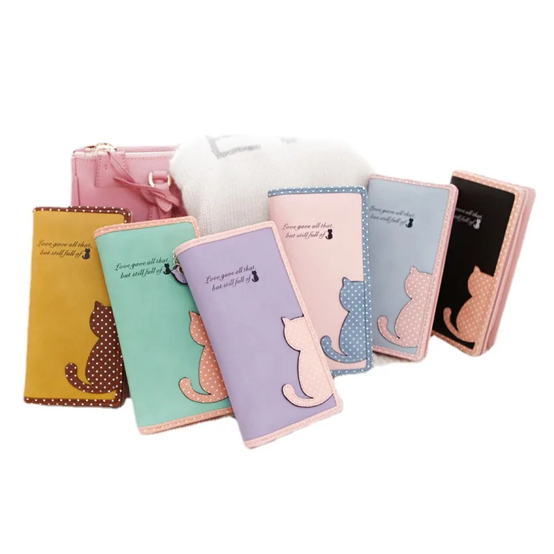 Long Women's Purse Cute Cat Pendant Student Zipper Money Clip Multi-card Slot ID Handheld Bag Girls' Wallet