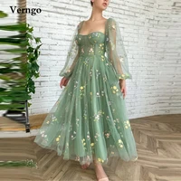 verngo fairy green floral tulle prom dresses puff long sleeves sweetheart printed tea length formal party gowns with pockets