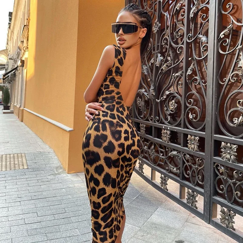 

2022 Sexy Leopard Print Dress Women Fashion Backless Sheath Bodycon Prom Gown Sleeveless Female Party Dress Vestido Robe