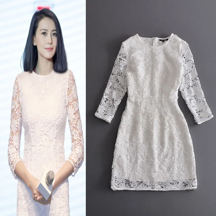 

Spring White Color Lace White Women Straight Dress Half Sleeves Daily Formal Elegant Lady Short Dresses Vestidos