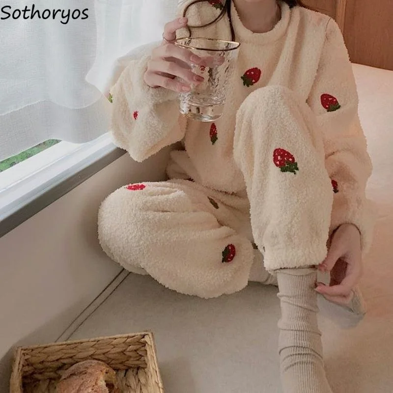 

Pajama Sets Women Round Neck Lovely Winter Trendy Ulzzang Student Sleepwear Warm Thick Casual Femme Simple Strawberry-print Cozy