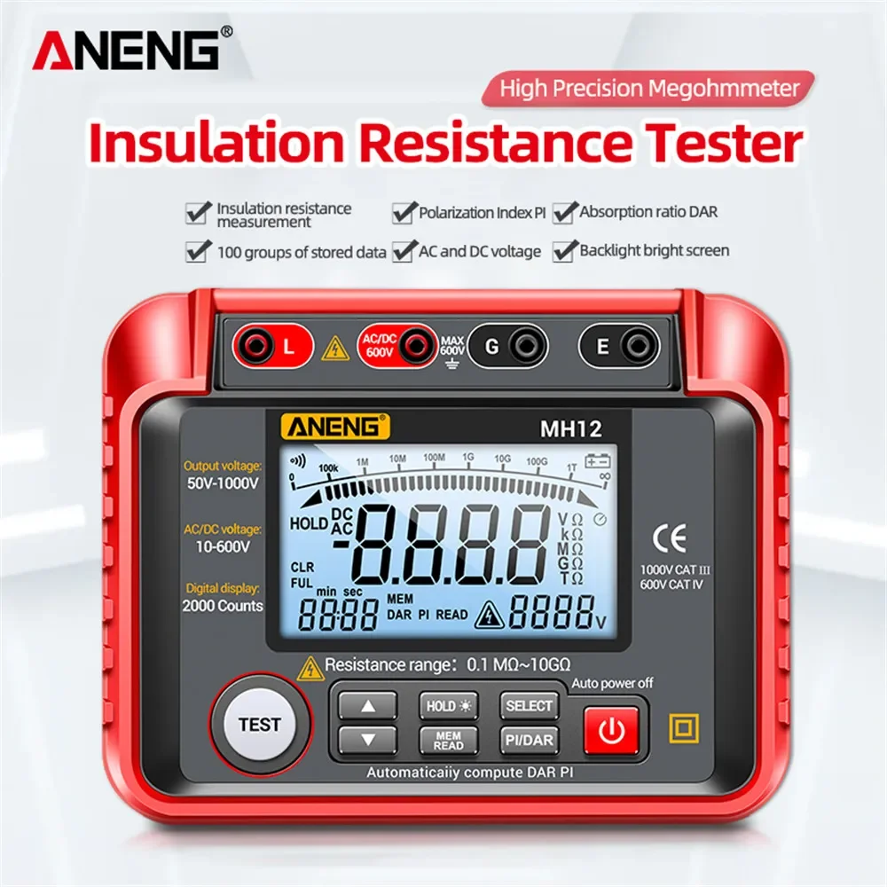 

NEW2023 MH12 Digital Megohmmeter Meters Insulation Earth Resistance Meters Tester cable High Voltage Voltmeter Megger Meter