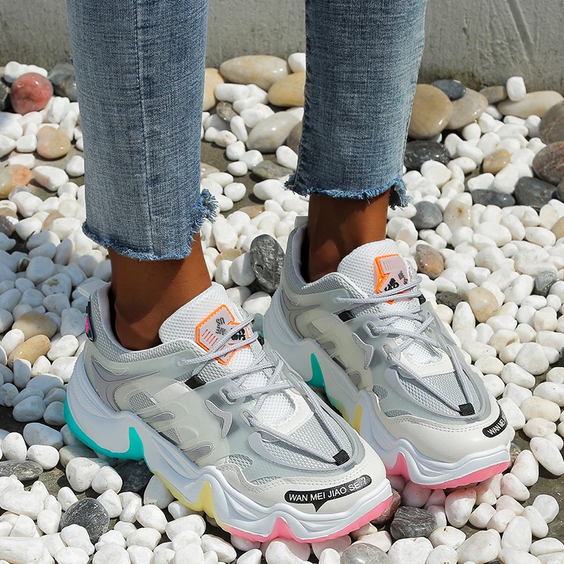 

Shoes Summer Sneakers 2022 Breathable Rainbow Color Fashion Casuals Height Increasing Female Chunky Ladies Shoe