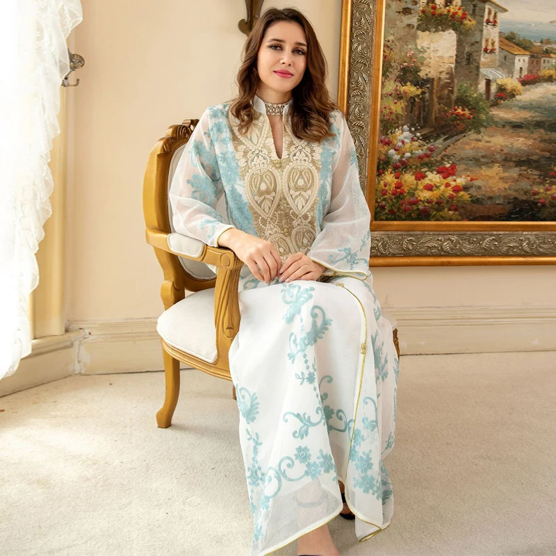 Женское платье-абайя с вышивкой и блестками, марокканский кафтан, белая Исламская этническая одежда, модель 2022 Eid New