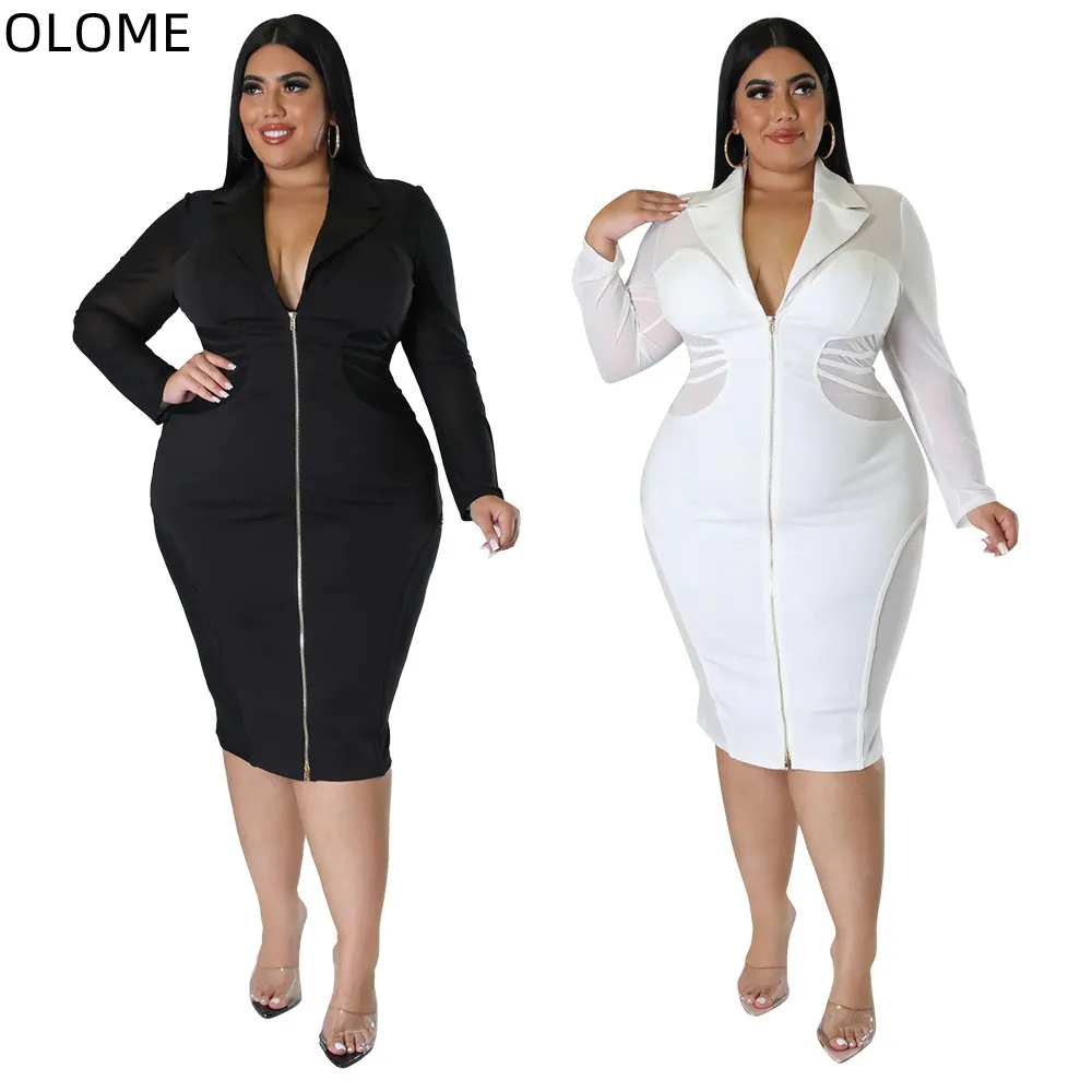 

Autumn Long Zipper Pencil Dress for Woman See Through Mesh Patchwork Long-sleeved Elegant Party Gowns Under Knee 4XL