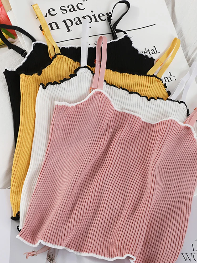 

Heliar Women Stretch Crop Top Knitted Camis Tops Flounce Hem Casual Spaghetti Top Female Solid Sexy Camis Summer 2022